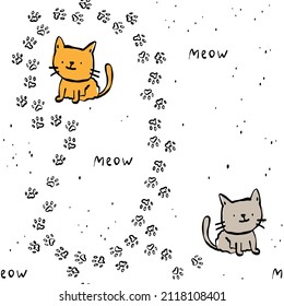 Cute white pattern with paws cats meow text. Pets seamless background. Textiles for children Digital paper scrapbook.