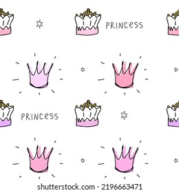 Patrón blanco lindo con estrellas, corona una princesa fondo sin costuras. Textiles para el hogar, cuaderno de papel de doodle rosado.