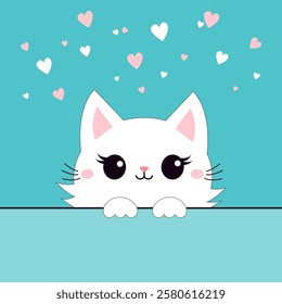 Cute white peeking cat face head. Funny kitten. Paws hand holding paper. Pink white hearts. Happy Valentines Day. Cartoon kitty. Kawaii animal. Greeting card. Flat design. Blue background. Vector