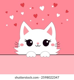 Cute white peeking cat face head. Funny kitten. Paws hand holding paper. Red white hearts. Happy Valentines Day. Cartoon kitty. Kawaii animal. Greeting card. Flat design. Pink background. Vector