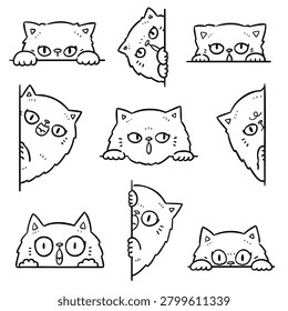 Cute white persian cat character set peeking from edge hand drawn doodle style vector illustration