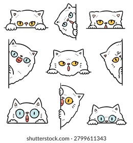 Cute white persian cat character set peeking from edge hand drawn doodle style vector illustration