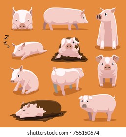 Cute White Pig Cartoon Poses Vektorgrafik