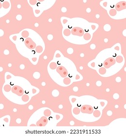 cute white pig happy face with scandinavian dots on a girly pink background. Kids woodland animals kawaii seamless pattern design for wrapping paper, fabric and textile.