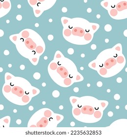 cute white pig happy face with scandinavian dots on a pastel blue background. Kids woodland animals kawaii seamless pattern design for wrapping paper, fabric and textile.