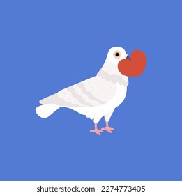 Cute white pigeon holding red heart in beak flat style, vector illustration isolated on blue background. Love symbol, bird character, decorative design element