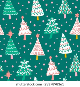 Cute white, pink and green Christmas trees seamless pattern on green background. Holiday season winter forest fun repeat pattern. Hand drawn illustration. Gift bag, fabric, paper design.