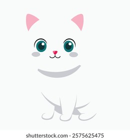 Cute White and Pink Kitten, Small Kid Cat Illustration