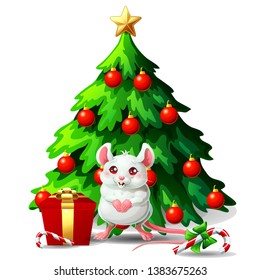 A cute white and pink mouse and a fir-tree with spheres and star, a Candy cane and gift box. A vector illustration in cartoon style, isolated on white
