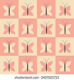 cute white and pink seamless pattern with butterflies arranged in squares vector illustration