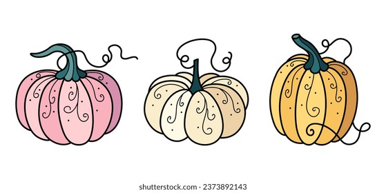 Cute white, pink and yellow autumn pumpkins with ornament. Hand drawn illustrations for Halloween and Thanksgiving decoration.