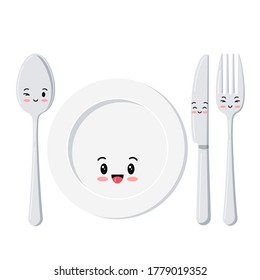 Cute white plate with spoon, knife and fork emoji set isolated on a white background. Top view silver cutlery and ceramic serving plate emoticons. Vector flat design cartoon style illustration.