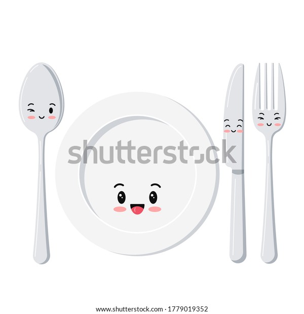 Cute White Plate Spoon Knife Fork Stock Vector (Royalty Free) 1779019352