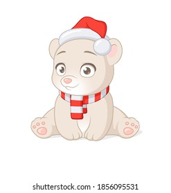 Cute white polar baby bear in Christmas Santa Claus hat. Vector cartoon illustration isolated on white background.