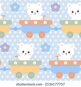 cute white polar baby bear in the train, kids colorful seamless pattern background, children fabric and textile print, eps vector 10