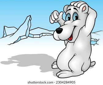 Cute White Polar Bear with Blue Eyes - Colored Cartoon Illustration with Winter Background, Vector