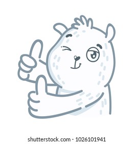 Cute white Polar Bear character: thumbs up, like sign, happy, good mood emotions, hand gestures. Set of characters in hand drawn cartoon style. Illustration as logo, mascot, sticker, emoji