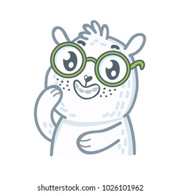 Cute white Polar Bear character: nerd, brain, clever, smart, wearing glasses and brackets. Set of characters in hand drawn cartoon style. Illustration as logo, mascot, sticker, emoji