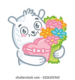 Cute white Polar Bear character: holding flowers and candy as gift, present, happy, shy emotions. Set of characters in hand drawn cartoon style. Illustration as logo, mascot, sticker, emoji