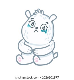 Cute white Polar Bear character: sad, crying, weeping, sobbing, sorrow, unhappy, dismal, depressed emotions. Set of characters in hand drawn cartoon style. Illustration as logo, mascot, sticker, emoji