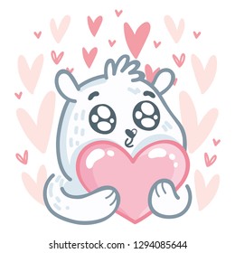 Cute white Polar Bear character with googly eyes madly in love holding big heart on pink romantic background. Cute hand drawn art illustration in cartoon, doodle style