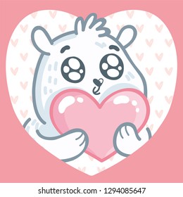 Cute white Polar Bear character with googly eyes madly in love holding big heart on pink romantic background. Cute hand drawn art illustration in cartoon, doodle style