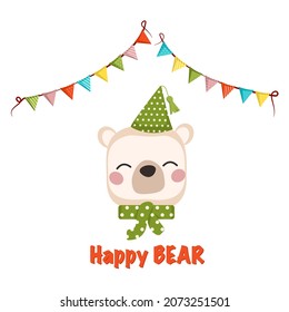 Cute white polar bear in children style with festive decorations for holiday. Funny animal with happy face, cap, bow and garland of flags. Vector flat illustration