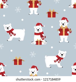 Cute white polar bear and Christmas gift seamless pattern. Animal holidays cartoon character background