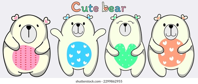 Cute white polar bear, graphic drawing, collection of 4 characters, heart pattern in sweet pastel colors.