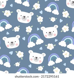 Cute white polar bear happy face on a blue background with rainbows, flowers and clouds. Kids blue sky pajama, wrapping paper, fabric and textile print