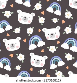 Cute white polar bear happy face on a pastel black background with rainbows, flowers and clouds. Kids sky pajama, wrapping paper, fabric and textile print