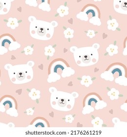 Cute white polar bear happy face on a pastel pink background with rainbows, flowers and clouds. Kids sky pajama, wrapping paper, fabric and textile print
