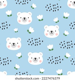 Cute white polar bear happy face with dashed boho clouds and white flowers on a pastel blue background. Kawaii animals kids seamless pattern, fabric and textile print design