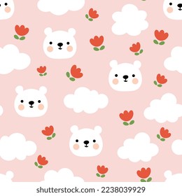 Cute white polar bear happy face with clouds and red flowers on a pink background. Kawaii animals kids seamless pattern, fabric and textile print design