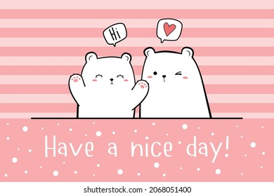 Cute white polar bear lover couple cartoon doodle on pink background wallpaper vector illustration