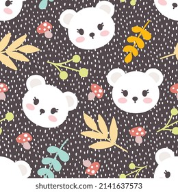 cute white polar bear on a dashed dark gray backgrounds, scandinavian woodland animals style seamless pattern for kids cloth, wildlife fabric and textile baby print, wrapping paper and decor design