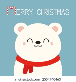 Cute white polar bear in red scarf. Funny smiling face. Merry Christmas. Candy cane. Kawaii cartoon baby character. Greeting Card, sticker print. Childish style. Green background. Flat design. Vector