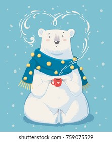 Cute white polar bear with red cup of hot tea cartoon hand drawn vector illustration.