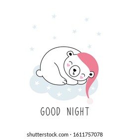 Cute white polar bear sleeps on a blue cloud, starry sky, good night. Print for t-shirts, clothes, cards. Vector isolated illustration for children.