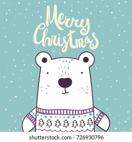 Cute white polar bear in warm winter pullover with fir tree and snowflakes. Merry Christmas calligraphy text. Christmas and New Year card template