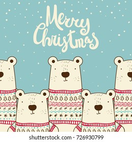Cute white polar bear in warm winter pullover with fir tree and snowflakes. Merry Christmas calligraphy text. Christmas and New Year card template