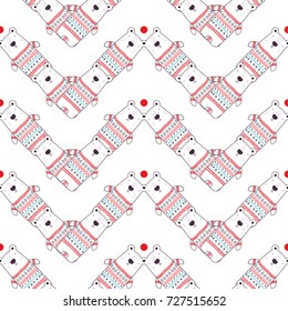 Cute white polar bear in winter pullover with fir tree, snowflakes. Geometric zig zag seamless pattern for New Year and Christmas design