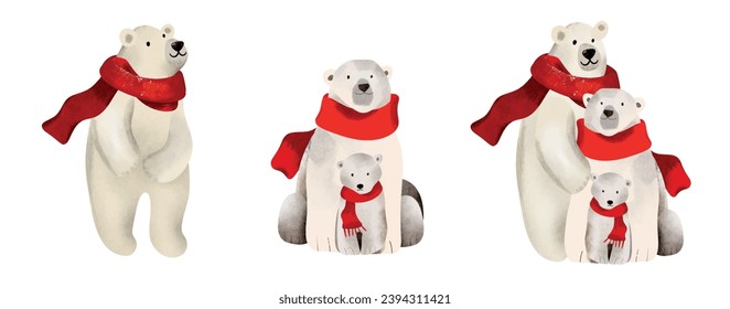 Cute white polar bears, Vector, Watercolor illustrations. Bear family with red scarfs. Cozy Watercolor clip art elements, ready to print. Perfect for invitation, card, poster, banner, decorations