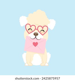 Cute white poodle dog with an envelope with a heart in its teeth