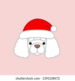 Cute White Poodle Head Wears Santa Hat for Christmas Winter Holiday Cartoon Vector Illustration