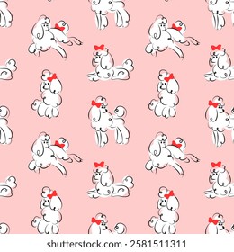 Cute white poodle print for girls clothes. Seamless pattern. Background design.