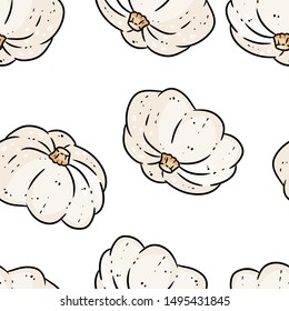 Cute white pumpkins cartoon seamless pattern. Fall decoration white background tile