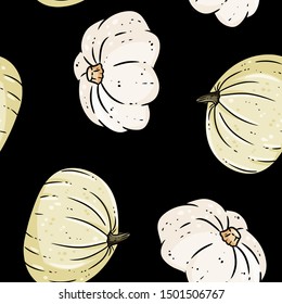 Cute white pumpkins cartoon seamless pattern. Fall decoration black background tile