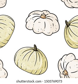 Cute white pumpkins cartoon seamless pattern. Fall decoration white background tile