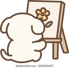 Cute white puppy painting a flower on a canvas, viewed from behind